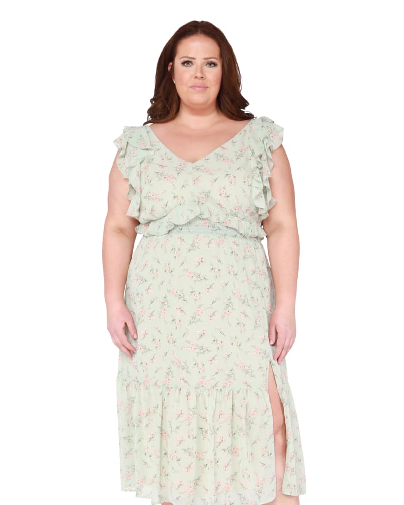 Front of a model wearing a size 0X Lydia Tie Back Ruffled Midi Dress in Mint Floral by DEX PLUS. | dia_product_style_image_id:268436